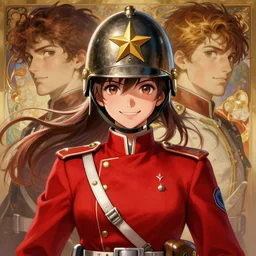 symmetry!! portrait of a smiling optimistic anime girl wwi soldier wearing red uniform and metallic golden star helmet, highly detailed, dynamic lighting, digital art, digital painting, artstation, wlop, sharp focus, illustration, art by artgerm and greg rutkowski and alphonse mucha, 8 k