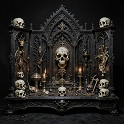death cult reliquary, gothic, skulls, medieval, grimdark, symmetrical, relic, art by brom