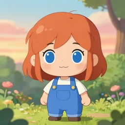 kawaii chibi art of a ginger girl with big blue eyes, freckles, garden, blue overalls, studio trigger studio ghibli, innocent, soft lighting, sunset