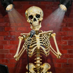 portrait of a funny skeleton doing stand up comedy show with microphone, red brick background, spotlight, smoky atmosphere, digital art, oil painting, high detail, van gogh style