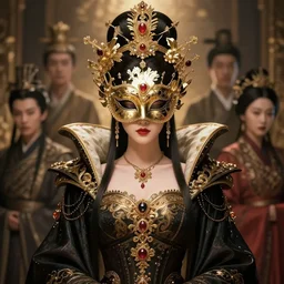 a full body portrait of a queen with a mask, elegant, fancy dess, ornaments, highly detailed, beautiful, cinematic lighting, 2 d animate style, mesmerizing, 8 k hd, artstation, by hideyuki morioka, ito ogure, vofan, greg rutkowski, victo ngai, artgerm