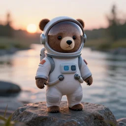 a humanoid small bear wearing a space suit without helmet on a rock in front of a river at sunset, macro photo, hyperrealistic, concept art, octane render, unreal engine 5, trending on artstation, high quality, highly detailed, anatomically correct, five fingers, soft lighting, soft colors, river in the background, path traced, godrays, bloom