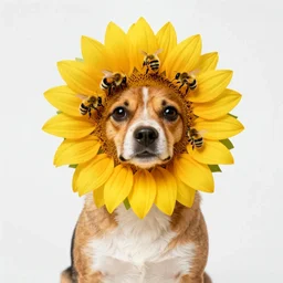 dog wearing a sunflower as a hat covered in bumblebees