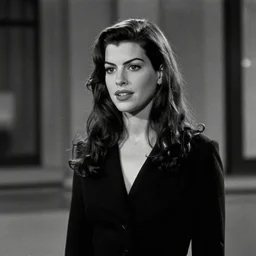 beautiful medium shot of anne hathaway in a film noir ; grainy black and white movie still