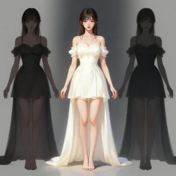 full - body character costume concept design of a goddess of light and shadow | | realistic anime, cute - fine - face, pretty face, realistic shaded perfect face, fine details by artgerm, wlop, rossdraws, james jean, andrei riabovitchev, bangkuart, and sakimichan, seoul, south korea, trending on artstation