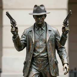 a 4 k photorealistic photo medium shot of a bronze statue of a man wearing a fedora holding one revolver in each hand.