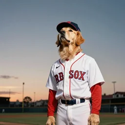 the red sox left fielder, a golden retriever dog wearing full uniform, looks up wistfully at the sky, pulitzer prize - winning photo, 2 5 mm portra, film grain, diffused light, sunset