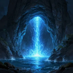a scary glowing blue magical portal to another world in darwin's arch, ocean and rock landscape, d & d, fantasy, intricate, elegant, highly detailed, digital painting, artstation, concept art, matte, sharp focus, illustration, art by hayao miyazaki and hideo kojima