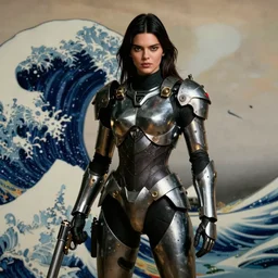 kendall Jenner wearing metal gear armor holding gun dramatic lighting art by Richard Schmid by Hokusai by Yoji Shinkawa by greg rutkowski by Sandra Chevrier cinematic dramatic