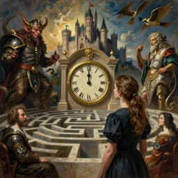 sarah approaches the labyrinth as the clock strikes 1 3 with the goblin king's castle looming in the background by edgar maxence and caravaggio and michael whelan and delacroix style, artistic, intricate painting, cinematic lighting, hyper realistic, extremely detailed, establishing shot, 8 k resolution, dramatic lighting