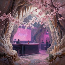 vaporwave nightclub in a cherry blossom dripstone cave. oil painting by award - winning concept artist. backlighting, chiaroscuro, intricate details, field of depth.