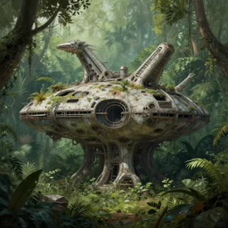 abandoned brutalist alien space station in lush jungle, close up, maciej rebisz, digital painting, xf iq 4, f / 1. 4, iso 2 0 0, 1 / 1 6 0 s, 8 k, raw, featured in artstation, octane render, cinematic, elegant, intricate, 8 k