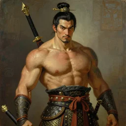 full character of a handsome strong ancient chinese solider, character design, chignon, painting by gaston bussiere, katsuya terada, nc wyeth, greg rutkowski, craig mullins, vermeer, frank frazetta, mucha, tom of finland, trending on artstation, jeffery catherine jones