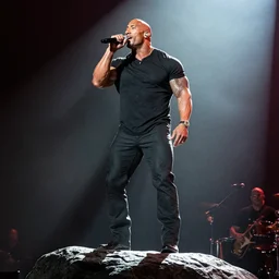 dwayne johnson singing in a rock concert and standing on a rock