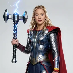 Jennifer Lawrence as the Mighty Thor, holding Mjolnir, lightning