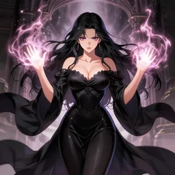 a voluptious sorceress with cleavage, very tiny waist and wide hips, wearing black clothes and casting a powerful spell, painted by Sakimichan and LeraPI, SFW, 4k HD, symmetrical, trending on ArtStation