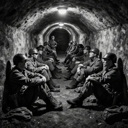 Soldiers in despair in a world war 1 tunnel, black and white, amazing digital art, hyper detailed, artstation, in the style of Tony Sart