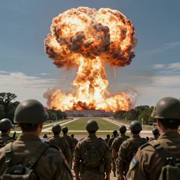 back view of soldiers watching huge nuclear explosion in the horizon over washington dc, hyperdetailed, artstation, cgsociety, 8 k
