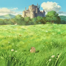 a wholesome animation key shot of a cute empty grass panorama landscape on a sunny day with a castle reclaimed by natuer in far background, backlighting, makoto shinkai, studio ghibli, pixar makoto shinkai and disney animation, sharp, rendered in gouache painting, anime key art by greg rutkowski, bloom, dramatic, dynamic lighting