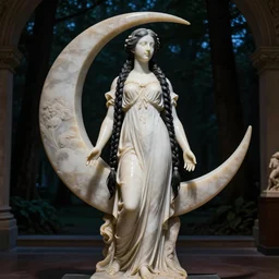a marble statue masterpiece of a daughter of the moon clan, with long, black, braided hair. standing in an old museum. nightime, low light, dark forest. strong, dabbled light falls on her face. full body portrait photo. macro detailed oily skin. highly detailed, sharpness. victorian dress. hyper realistic.