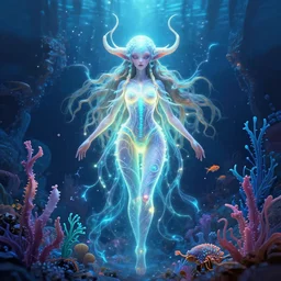beautiful symmetric glowing marine alien goddess
