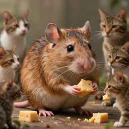 photo, emma watson as anthropomorphic furry - rat, 6 5 4 4, she is a real huge fat rat with rat body, cats! are around, eating cheese, highly detailed, intricate details