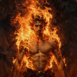 hyper realistic portrait of a fiery burning man, dark epic fantasy, by jacques - louis david, mattias adolfsson, moebius, dan mumford, trending on artstation, featured on pixiv, masterpiece, oil on canvas, cinematic composition, dynamic beautiful lighting,