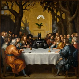 renaissance painting of philosophers having a discussion with batman in the middle of a round table, crowd are gathering in awe, there are two dead tree in the background, one white orchid in vase above a fireplace at the edge of the painting, slight smokes from the fireplace are filling up the painting, golden ratio, rule of third