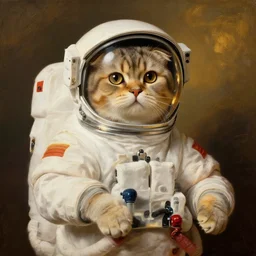 scottish fold cat cosmonaut!!!!, proudly posing for a portrait, painted by rembrandt, intricate, detailed, atmospheric lighting, golden hour.