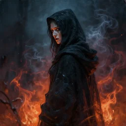 old shadow hag cloaked in ethereal smoke and shadow and fire looking away from camera, profile shot, hyperrealistic, subject in center of frame, neonpunk, oil on wood portrait by kim jung gi and rembrandt and leonardo da vinci and jan van eyck, artstation, deviantart, rule of thirds