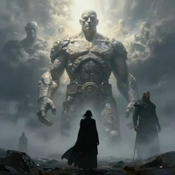 stone humanoid colossus by grzegorz rutkowski and richard wright and peter mohrbacher, atmospheric haze, stormy, tundra, woman in cloak in foreground silhouette, large scale