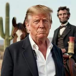 donald trump with a goatee as clint eastwood squinting at high noon in the style of a clint eastwood movie, the good, horse, cactus, the bad and the ugly, abraham lincoln, clint eastwood, steven seagal, vibe, bud spencer, donald trump, glory days, justice, american flag, patriotism, apple pie, black and white, artgerm, trending on artstation