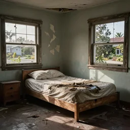 abandoned bedroom with scraped paint and damp mattresses, suburban SoCal