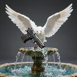 guns with wings drinking water from a fountain, studio lightning, 8k, detailed photo
