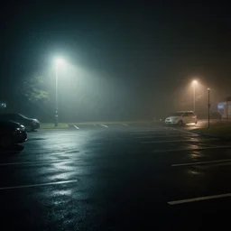 Parking lot at night filled with fog, volumetric lighting, eerie, sdf
