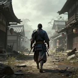Futuristic matte painting of a [samurai warrior] walking through [an abandoned japanese village], volumetric light scattering, highly detailed, digital art, Andreas Rocha, Greg Rutkowski, Darek Zabrocki, ArtStation, CGSociety, Unreal Engine, 4K, 8K