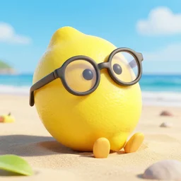 3 d render of a lemon wearing glasses relaxes on the beach, octane 3 d render