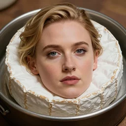 brie larson face in a wheel of brie cheese, 4 k photo realistic, extremely life like