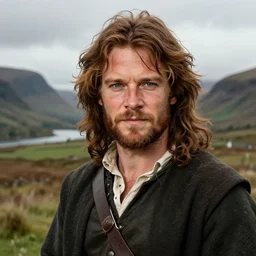 Sam Heughan as Jamie Fraser, caricature portrait exaggerated by Sebastian Krüger and Bruno Tesse trending on artstation, hyperdetailed, perfect composition. Scotland background