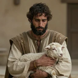 cinematic still of depressed man with beard in ancient Canaanite clothing cradling a lamb, sad, anguished, somber, serious, directed by Terrence Malick