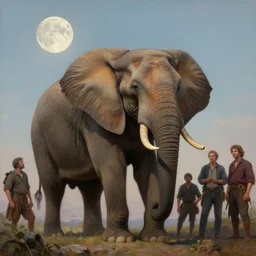 medium shot, cinematic, elephant rock alula, the moon in the sky, soft lighting, tomas kinkade, tim hildebrandt, wayne barlowe, bruce pennington, donato giancola, larry elmore, oil on canvas, masterpiece, trending on artstation, cinematic composition, dramatic pose, beautiful lighting, sharp, details, hyper - detailed, hd