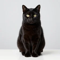 studio photograph of a black cat sitting on a white table
