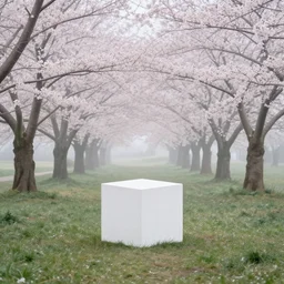a photograph of a foggy liminal cherry blossom forest with a white concrete cube sitting center frame, liminal