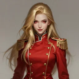 a highly detailed illustration of beautiful long dirty blonde haired pale girl wearing red epaulette uniform, red eyes, dramatic smile pose, intricate, elegant, highly detailed, centered, digital painting, artstation, concept art, smooth, sharp focus, league of legends concept art, WLOP