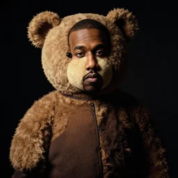 a ( ( chiaroscuro lighting portrait ) ) of kanye west ( ( ( dressed as teddy bear mascot ) ) ), black background, portrait by julia margaret cameron, shallow depth of field, 8 0 mm, f 1. 8