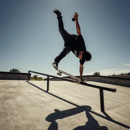 Tony hawk doing a perfect hand stand on a skate board grinding on a rail