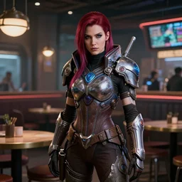 high quality portrait of Nova from starcraft in a cyberpunk cyberpunk cyberpunk cafe, realism, 8k, award winning photo