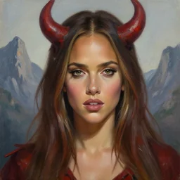 close up portrait of jessica alba as a monster in the mountains of hell, oil painting by tomasz jedruszek, cinematic lighting, pen and ink, intricate line, hd, 4 k, million of likes, trending on artstation
