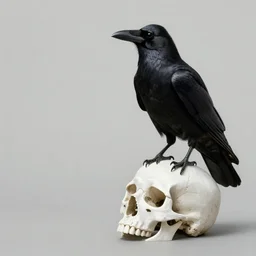 full view, from a distance, of a black crow sitting on a white skull, style of martine johanna, highly detailed