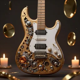 electric guitar mechanical architecture mix of organical elements combined with nano machines, ith worlds inside floating about the space, dimly lit with candles, gold mirrors, hdr 25, concept art, 3d render texture master, hd, trending on artstation, 8k